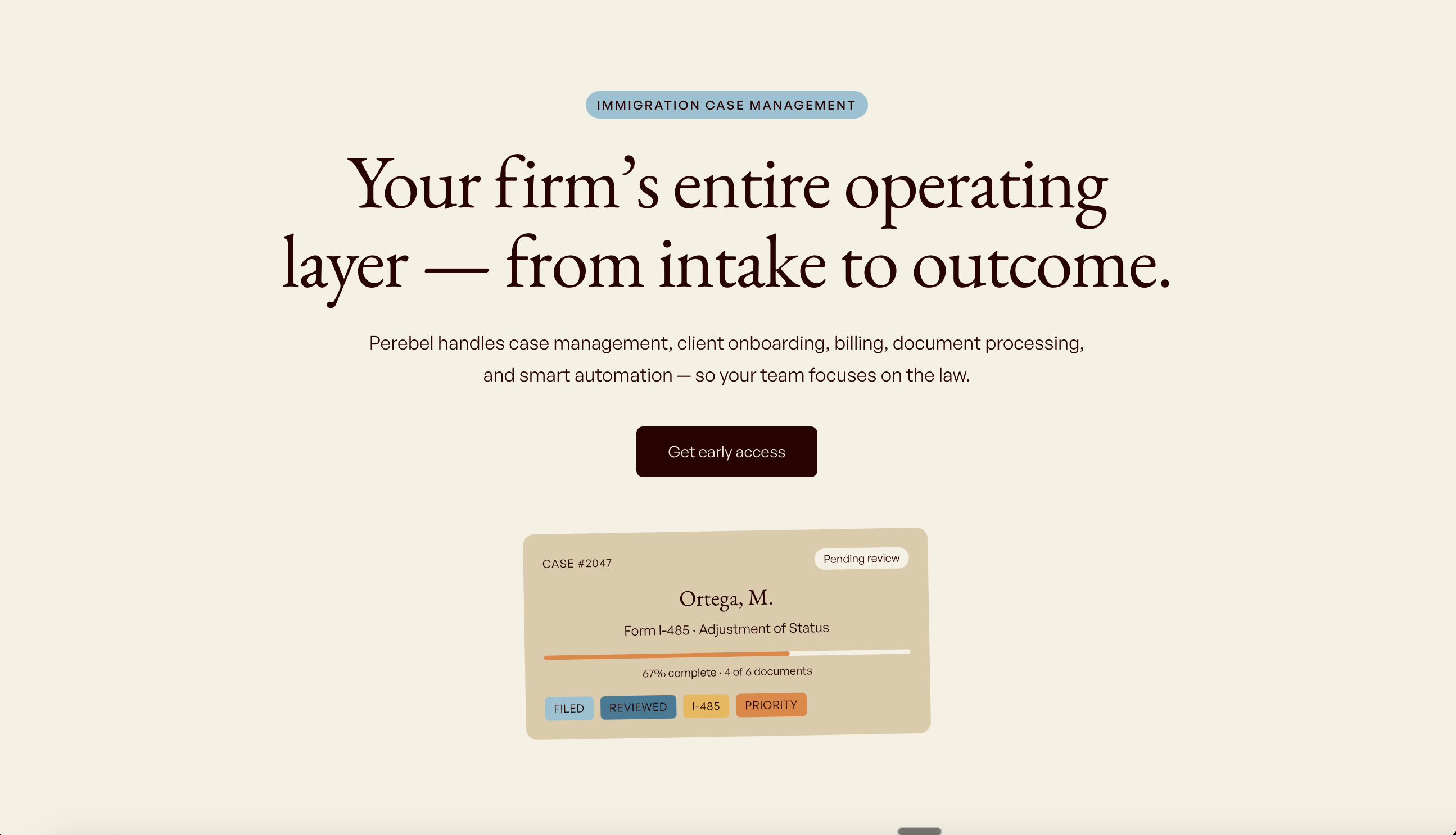 Perebel marketing site hero — Your firm's entire operating layer, from intake to outcome